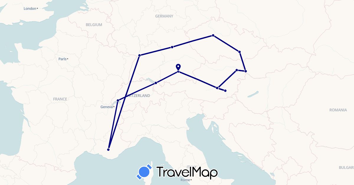 TravelMap itinerary: driving in Austria, Switzerland, Czech Republic, Germany, France, Slovakia (Europe)